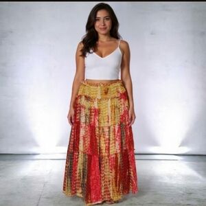 S oversize🧡Bohemian Patchwork Maxi Skirt - Red and Yellow